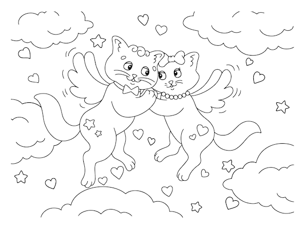 Cute couple of cats Coloring book page for kids Valentine's Day