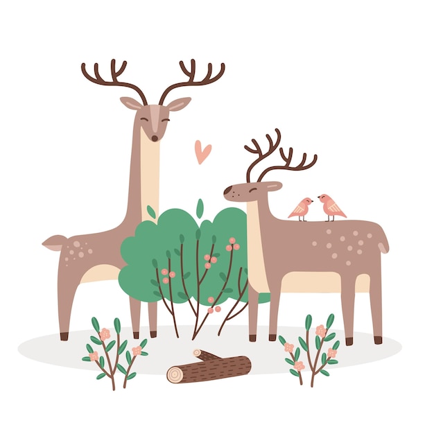 Vector cute couple of deers in love two wild animals with summer green bush isolated concept valentine char