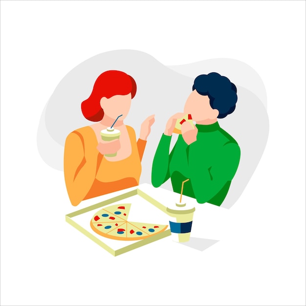 Милая пара вместе ест вкусную пиццу люди сидят с вкусной едой в уличном кафе люди наслаждаются традиционной итальянской едой в ресторане персонажи едят и болтают плоская векторная иллюстрация