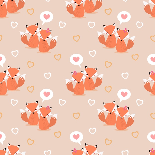 Coppia carina volpe e cuore seamless pattern.