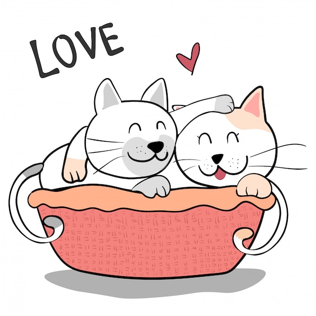 Cute couple friendship cat hug each other on pink background