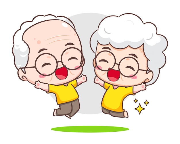 귀여운 부부 할아버지 할머니 사랑의 표시 할아버지와 할머니 만화 캐릭터 행복한  ⁇ 은 부부