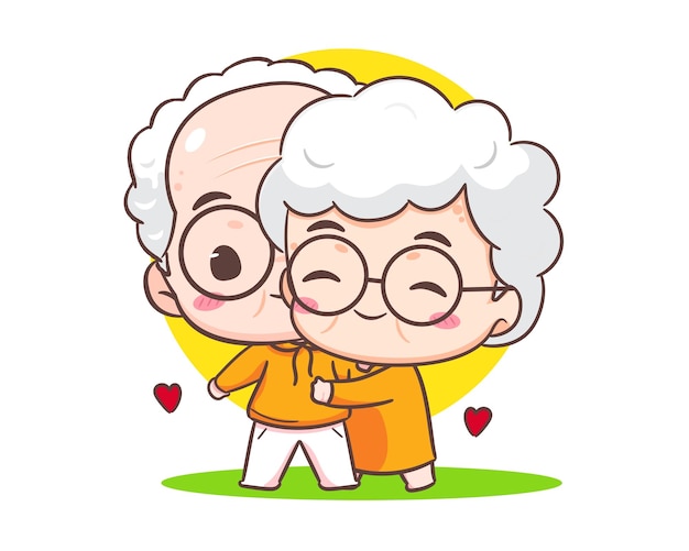 귀여운 부부 할아버지 할머니 사랑의 표시 할아버지와 할머니 만화 캐릭터 행복한  ⁇ 은 부부