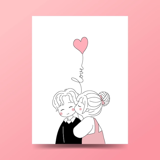 Vector cute couple hand drawn doodle style. girl kiss his boyfriend cheek with heart shaped balloon.