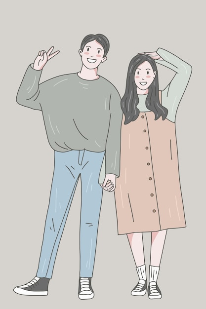 Cute Couple Happy Love Together Boyfriend and Girlfriend Women Men Girl Pastel Color Fashion Clipart Doodle Line Art illustration