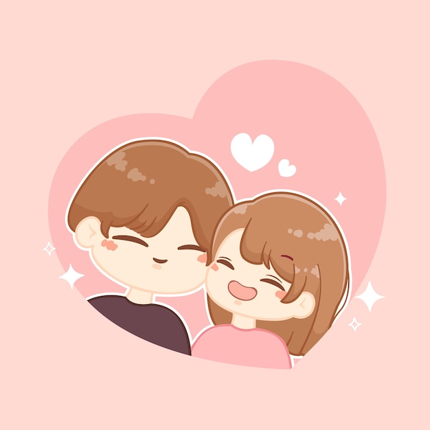 Cute couple in heart frame together happy valentine cartoon character illustration