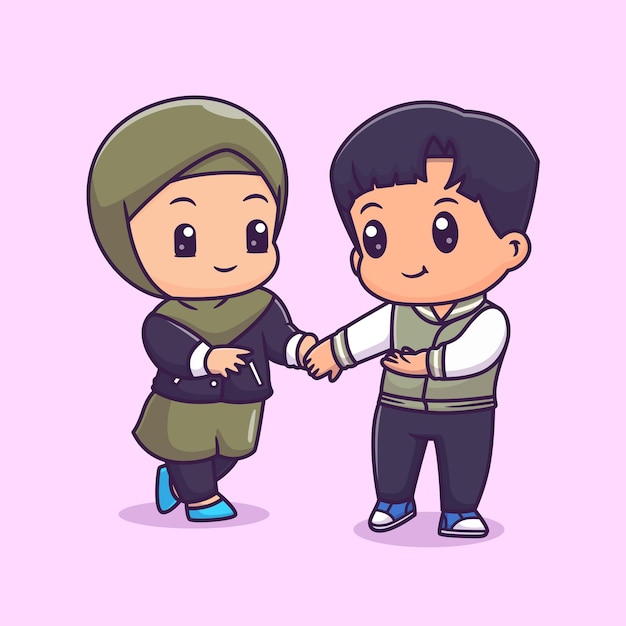 Cute Couple Hijab Girl With Boy Holding Hand Cartoon Vector Icon Illustration People Holiday Flat