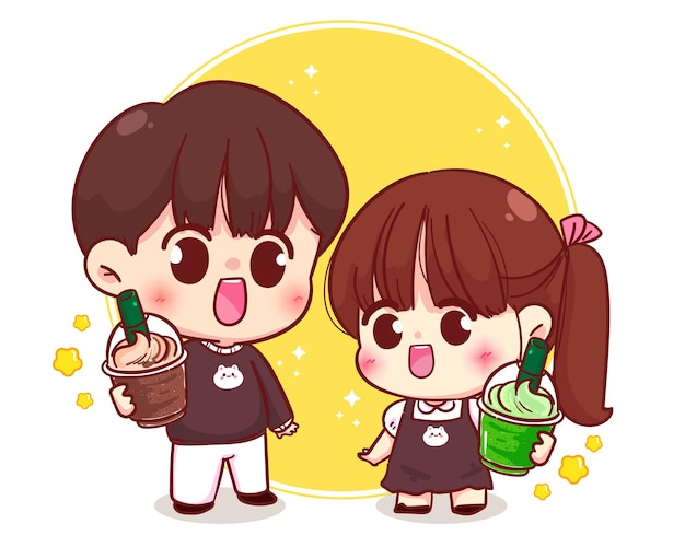 Vector cute couple holding coffee and matcha tea cartoon character illustration