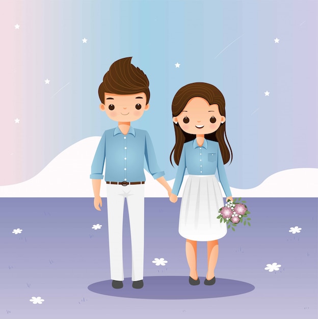 Cute couple holding hands together illustration