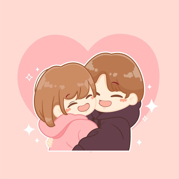 Premium Vector | Cute couple hugging together happy valentine kawaii cartoon  character illustration