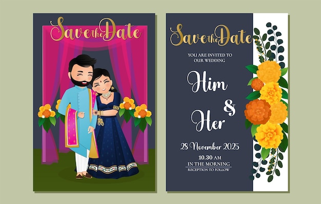 전통적인 인도 드레스 만화 캐릭터의 귀여운 커플로맨틱 결혼식 초대 카드