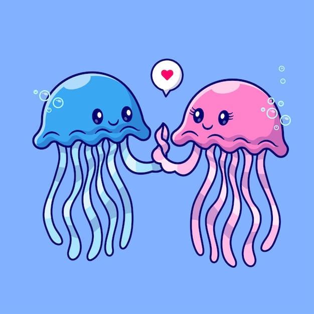 Cute Couple Jellyfish Holding Hand Cartoon Vector Icon Illustration. Animal Love Icon Isolated Flat