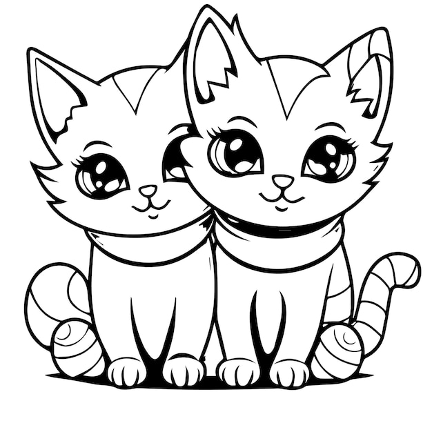 かわいいカップル子猫猫ライン アートぬり絵ページ