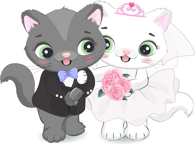 Cute couple kitten with wedding clothes just married