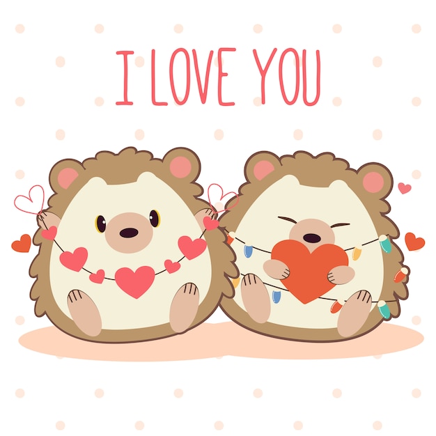 Vector cute couple love of hedgehog on white and pink polka dot.