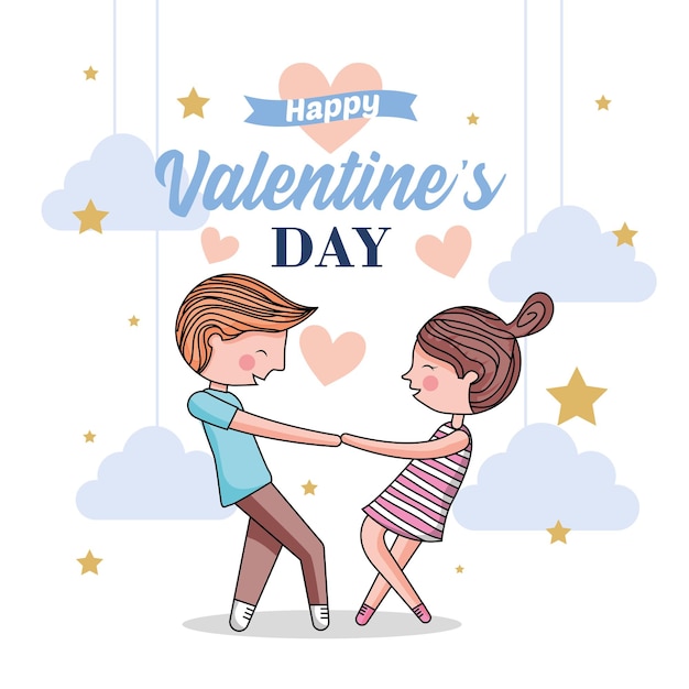 cute couple in love holding hands between stars and clouds.