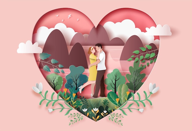 Cute couple in love hugging staring at each other's eyes in paper illustration