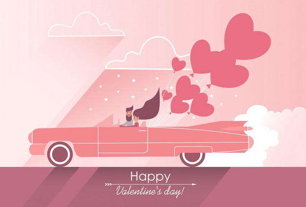 Cute couple in love on a pink car with heart-shaped balloons