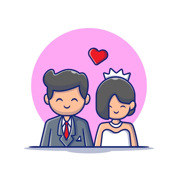 かわいいカップルの結婚男と女の漫画アイコンイラスト。人の結婚式のアイコンコンセプト分離プレミアム。フラット漫画スタイル