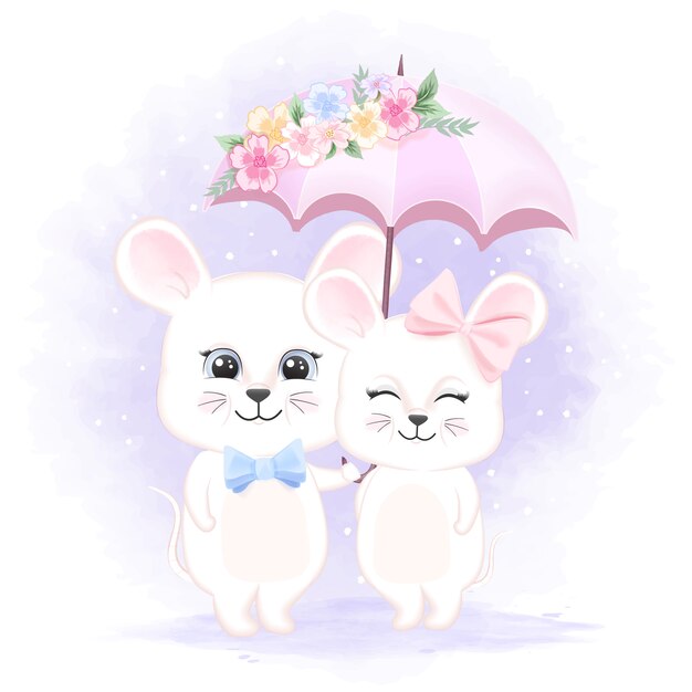 Cute couple mouse with umbrella