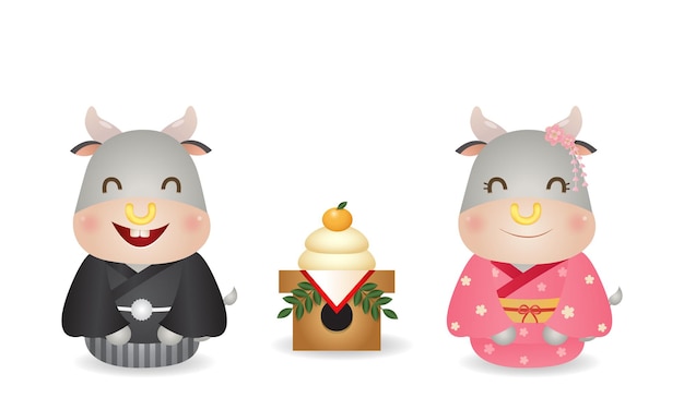 Cute couple ox in japanese kimono costume celebrate new year with kagamimochi. japan new year celebration vector isolated in white.