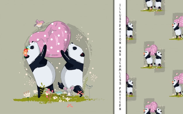 Panda sveglio delle coppie con l'illustrazione del cuore per i bambini