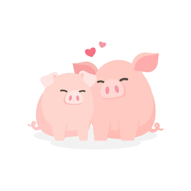 Cute couple pig hugging embracing happily, dating relationship concept, cartoon vector illustration.