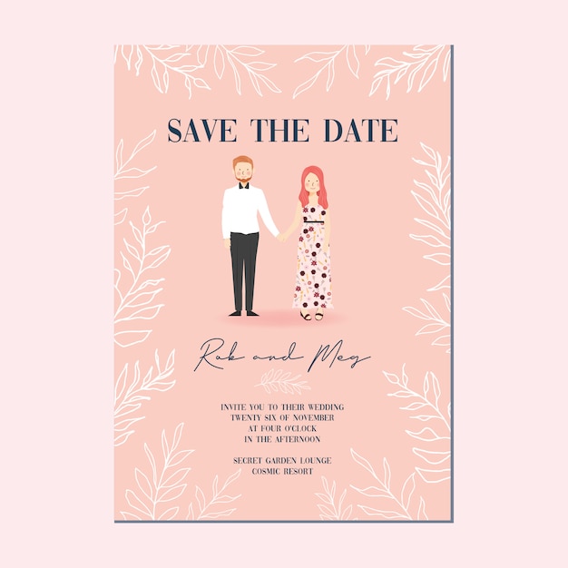 Cute couple portrait illustration wedding invitation template, save the date template card with white flower background