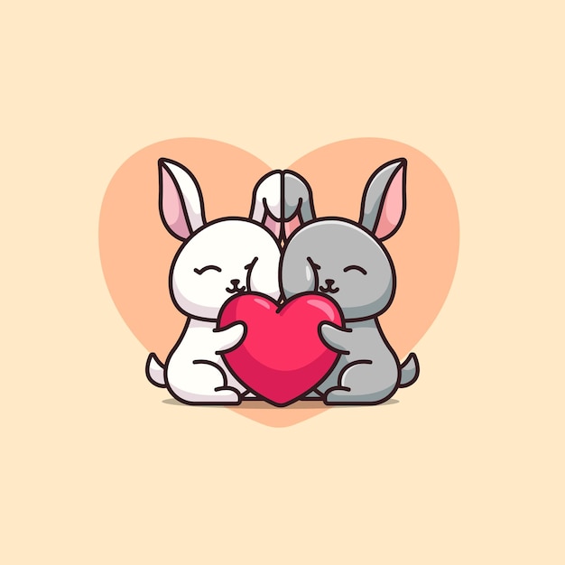 Cute couple rabbit huge love heart cartoon vector icon illustration animal isolated