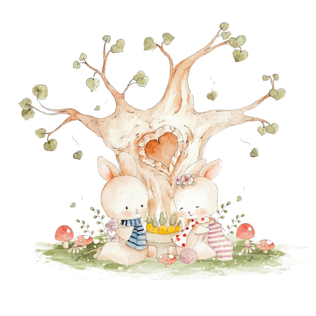 귀여운 커플 토끼 나무 수채화 그림 아래 앉아