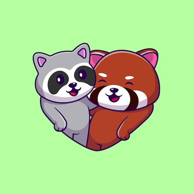 Cute Couple Raccoon And Red Panda Cartoon Vector Icons Illustration