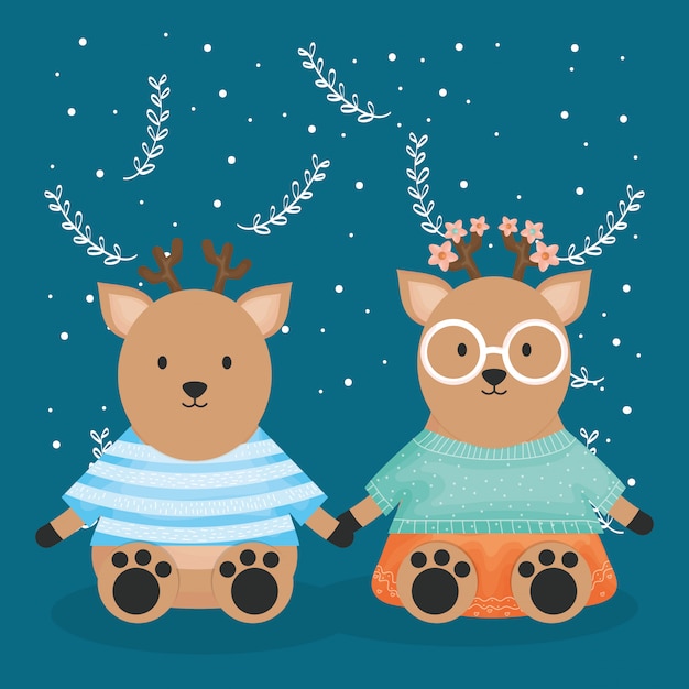 Cute couple reindeer with clothes characters