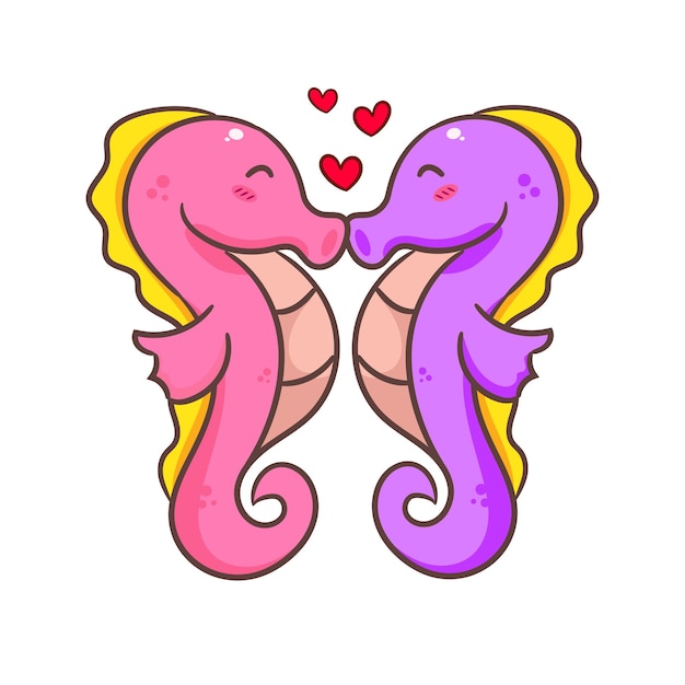 Cute couple seahorse cartoon character kawaii adorable animal concept design