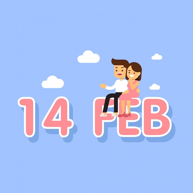 Cute couple sitting on text of 14FEB