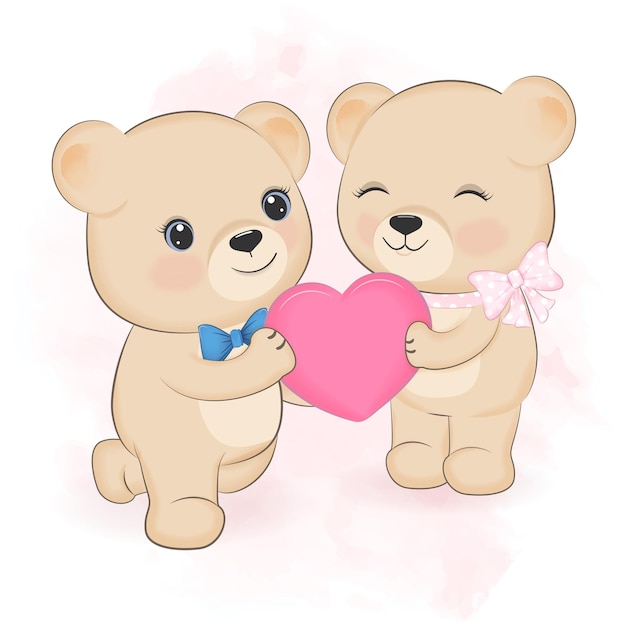 귀여운 커플 테디 베어와 하트 발렌타인 데이 컨셉
