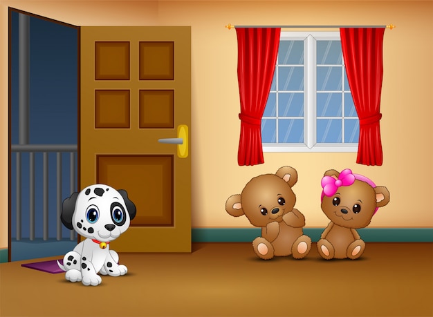 Cute couple teddy bear with a dog in the living room