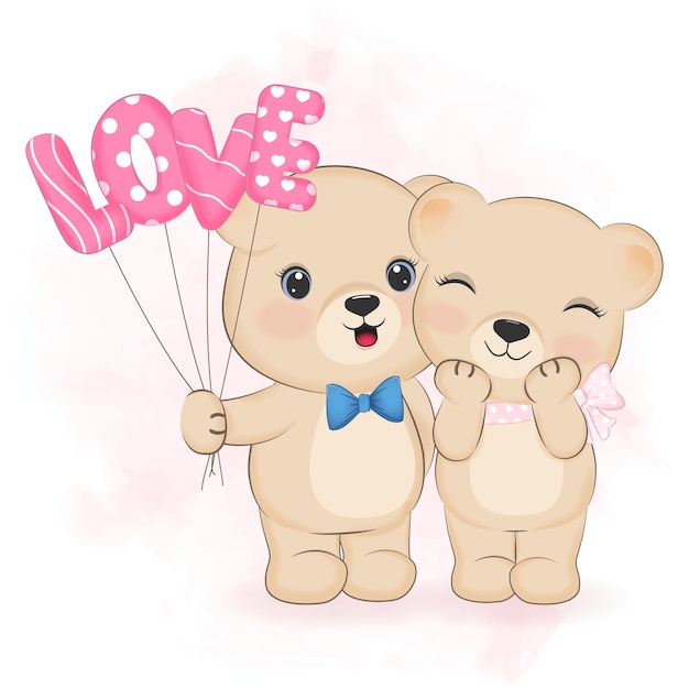 Cute couple Teddy Bear with love balloon valentines day concept