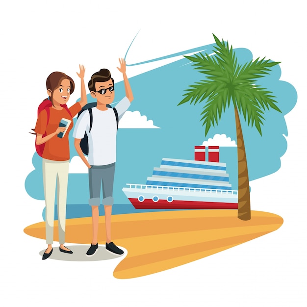 Vector cute couple tourists cruise ship beach