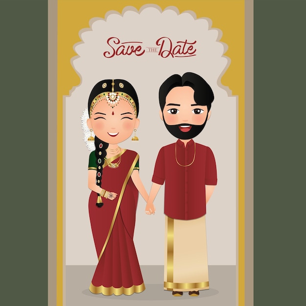 Vector cute couple in traditional indian dress cartoon character.romantic wedding invitation card