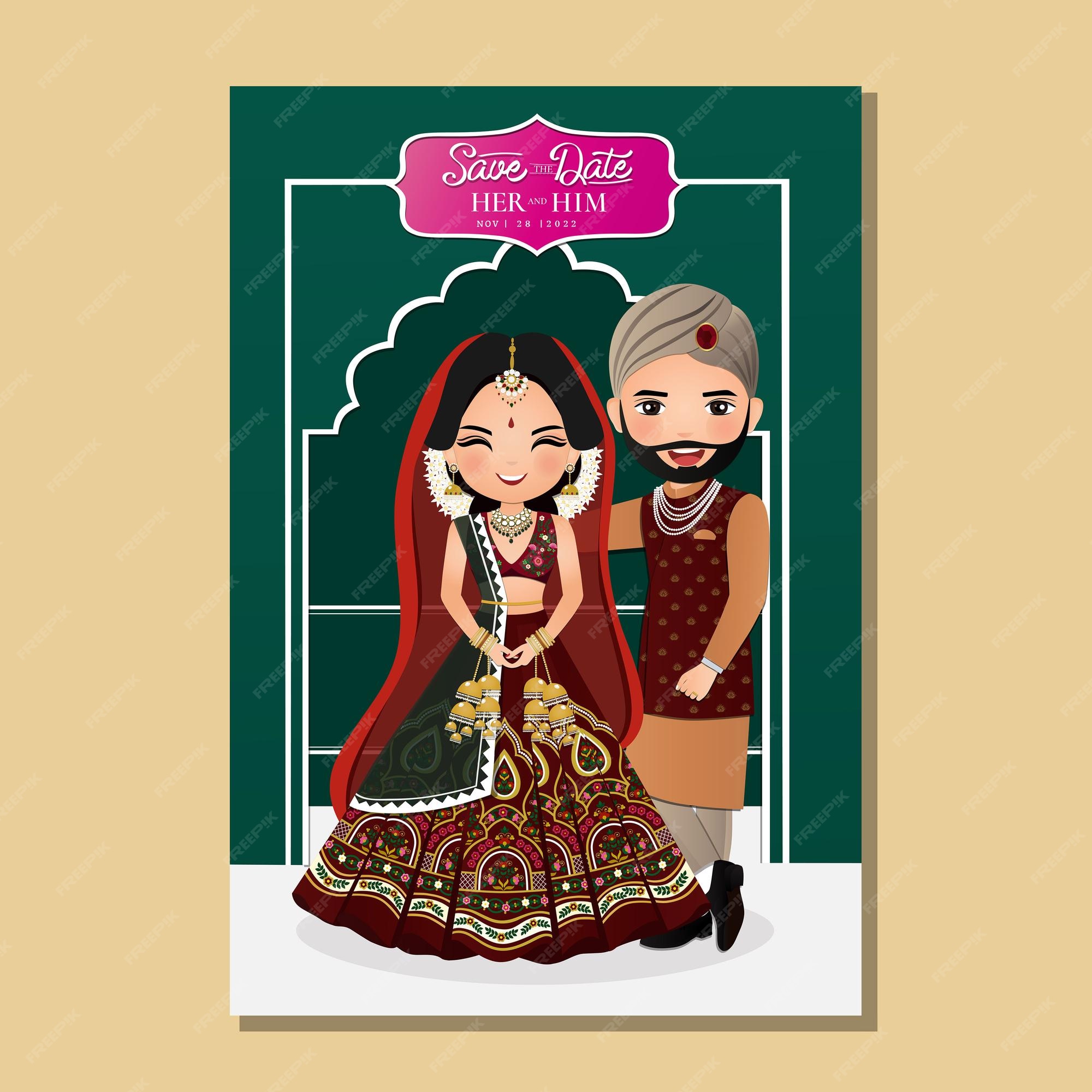 Premium Vector | Cute couple in traditional indian dress cartoon characterromantic wedding invitation card Premium Vector | Cute couple in traditional indian dress cartoon characterromantic wedding invitation card