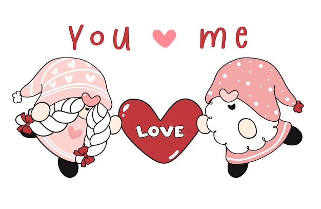 Cute couple Valentine Gnomes in relationship holding heart with love text, flat vector cartoon drawing outline