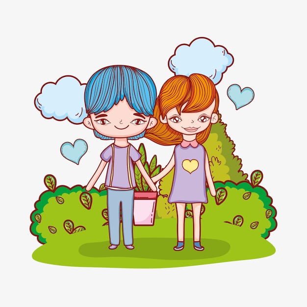 Vector cute couple with clouds and hearts in the bushes