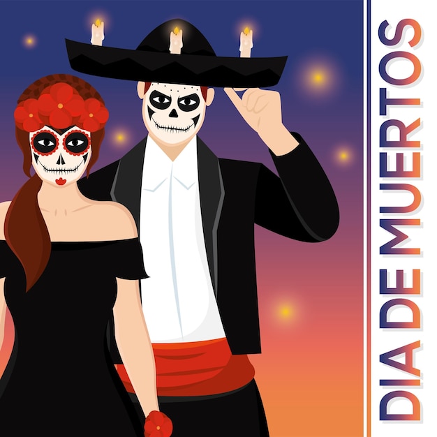 Cute couple with death costumes Dia de los muertos Vector illustration