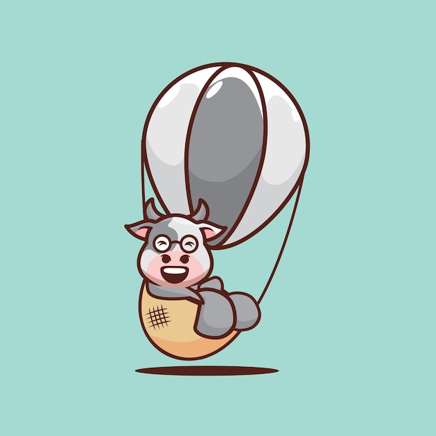 Cute cow on air balloon mascot cartoon illustration