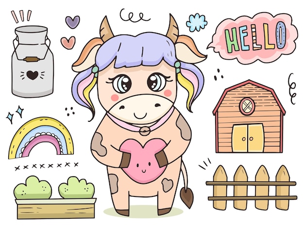 Симпатичные коровы животных каракули рисунок иллюстрации мультфильм для детей набор сбора