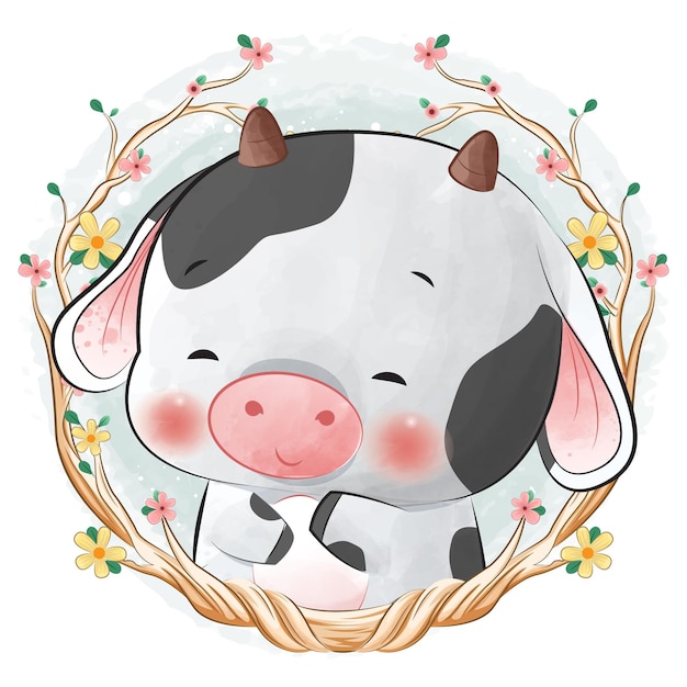 Cute cow baby shower with watercolor illustration