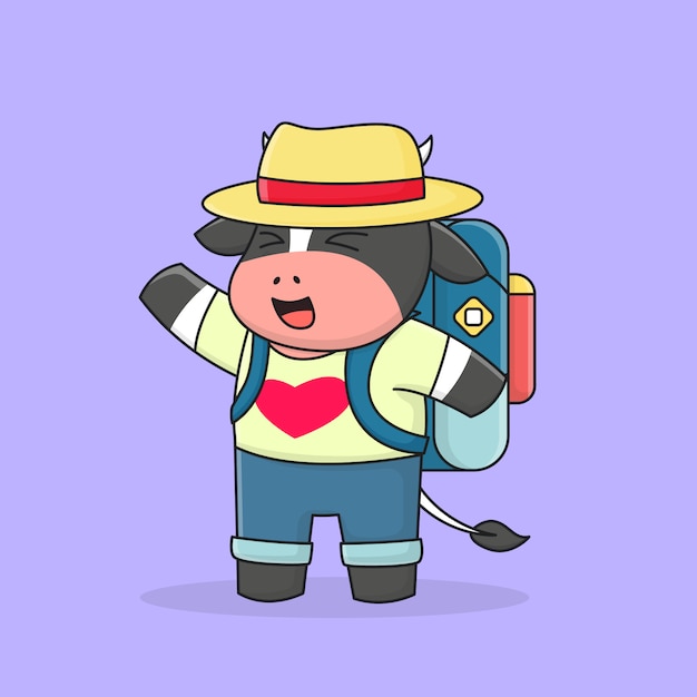 Cute cow backpacker wearing hat and backpack