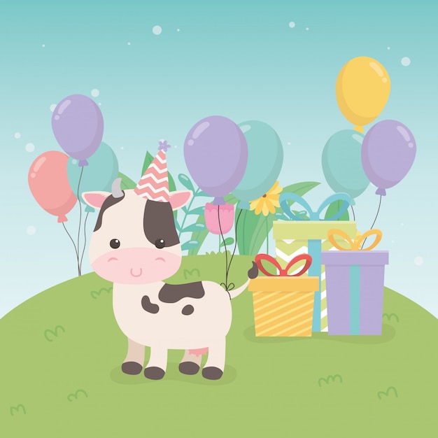 Cute cow in birthday party scene