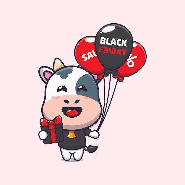 Cute cow in black friday cartoon mascot illustration