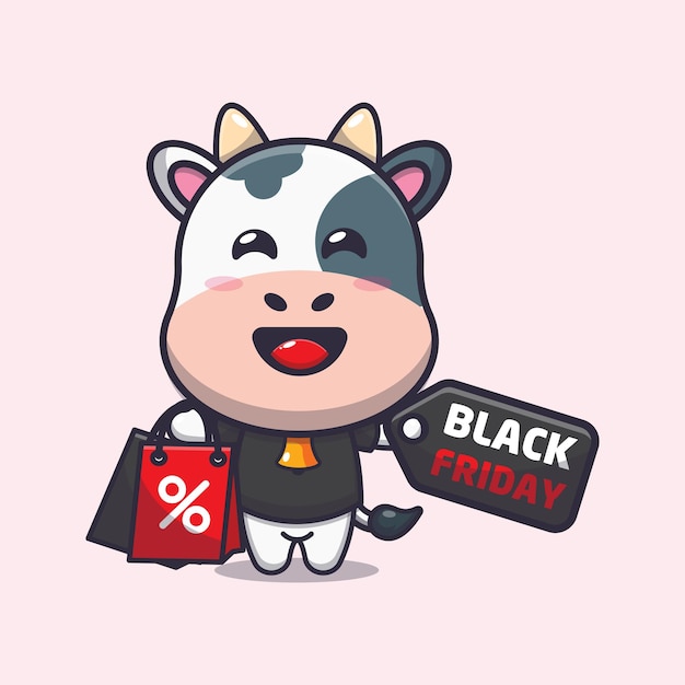 Cute cow in black friday cartoon mascot illustration